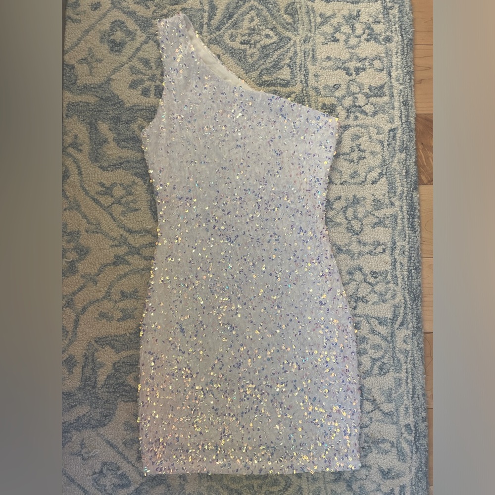 One-Shoulder Sequin Mini Dress in Iridescent White